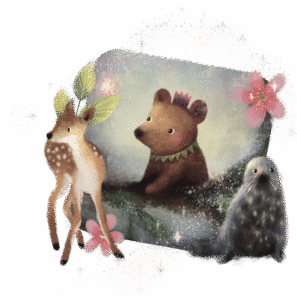 A whimsical scene features a bear with a crown, a deer and a seal. Surrounded by pink flowers and stars on a dark background.
