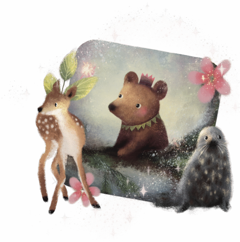 A whimsical scene features a bear with a crown, a deer and a seal. Surrounded by pink flowers and stars on a dark background.