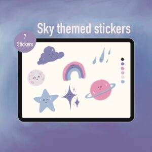 Sky-themed stickers on a tablet screen, featuring cute designs: cloud, moon, raindrops, rainbow, star, planet, and sparkling star, with pastel colors.